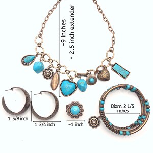 May include: A turquoise and gold necklace with a heart charm, a turquoise and gold bracelet, and a pair of turquoise and gold hoop earrings. The necklace is 9 inches long with a 2.5 inch extender. The bracelet has a diameter of 2 1/5 inches. The earrings are 1 5/8 inches and 1 3/4 inches in diameter.