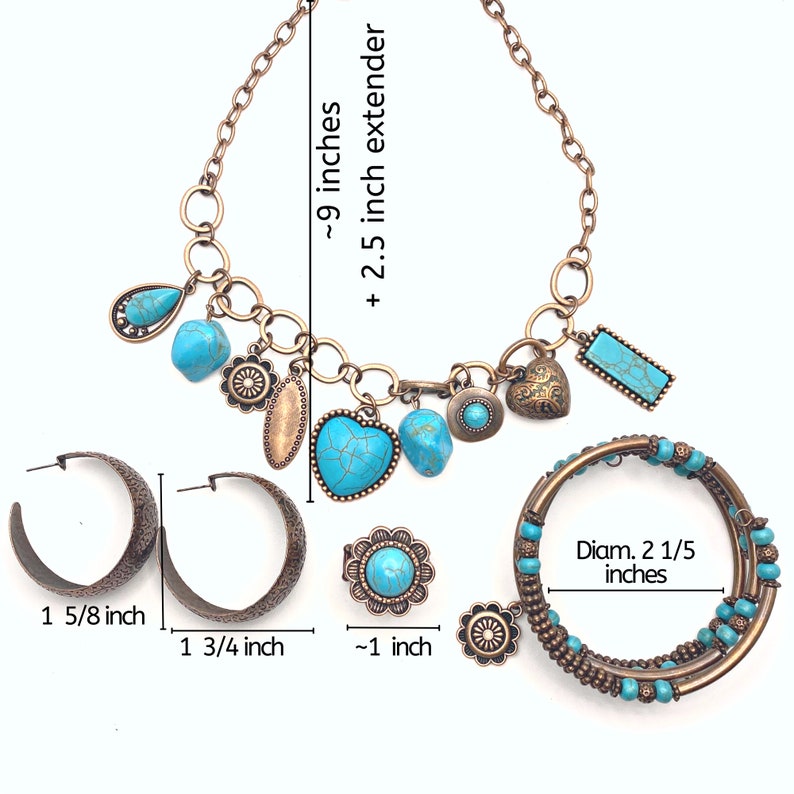 May include: A turquoise and gold necklace with a heart charm, a turquoise and gold bracelet, and a pair of turquoise and gold hoop earrings. The necklace is 9 inches long with a 2.5 inch extender. The bracelet has a diameter of 2 1/5 inches. The earrings are 1 5/8 inches and 1 3/4 inches in diameter.