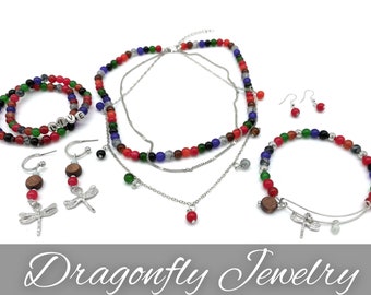 Dragonfly Jewelry Set, Dragonfly Earrings, Beaded Layered Necklace, Dragonfly Bracelet, Dragonfly Charm Jewelry, Self Care Gift Box for Her