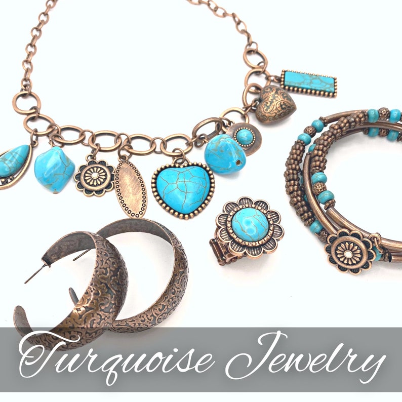 May include: Turquoise jewelry set with a necklace, earrings, a ring, and a bracelet. The necklace has a heart charm, a flower charm, and a turquoise stone charm. The earrings are hoop earrings with a textured design. The ring has a flower design with a turquoise stone in the center. The bracelet is a multi-strand bracelet with turquoise beads.
