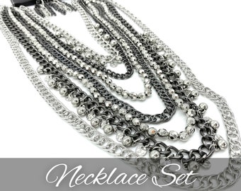 Statement Edgy Necklace Set Multilayer Long Chains Mixed Metal Jewelry Set Chain Earrings Audacious Zi Necklace Thinking of You Gift For Her