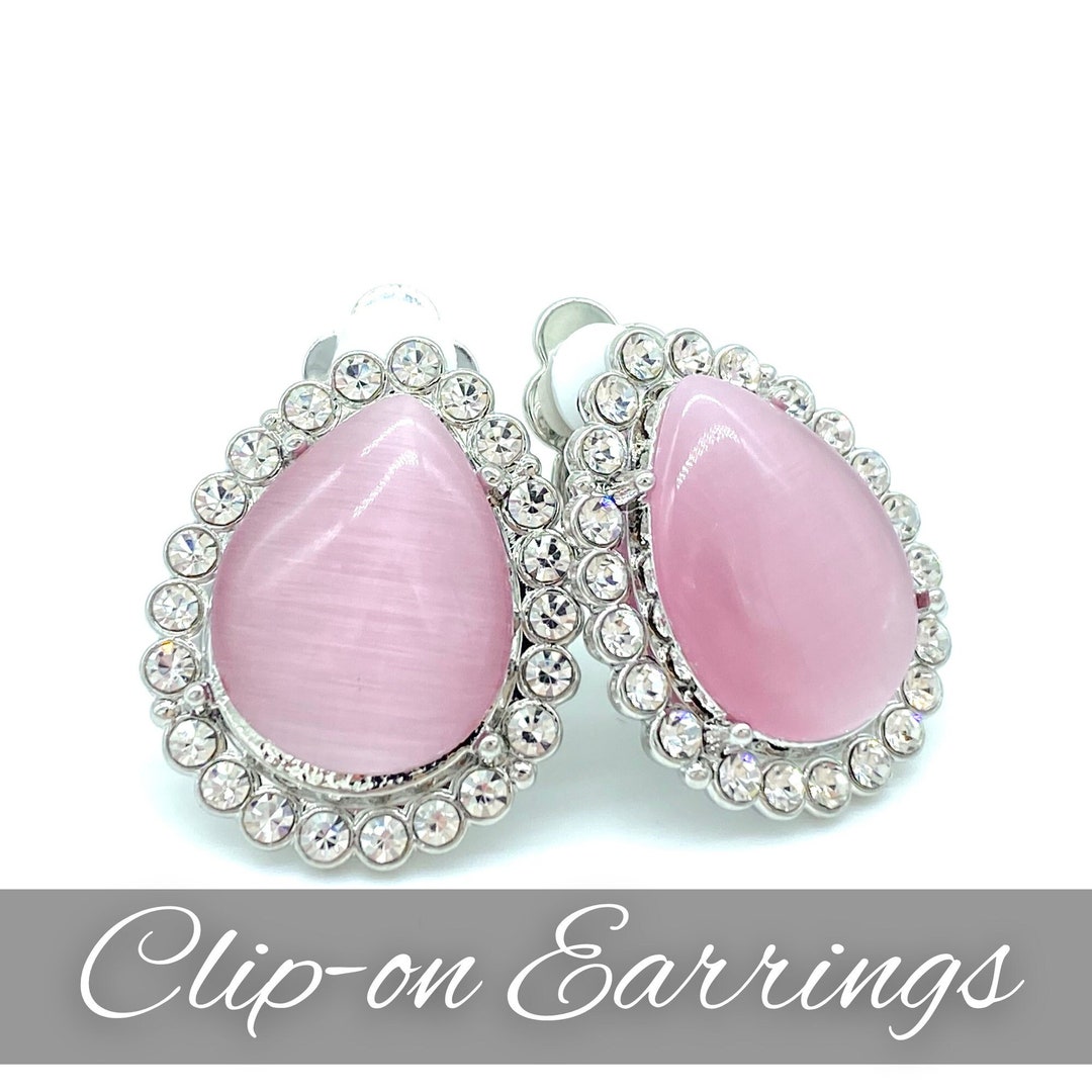 Pink Moonstone Clip on Earrings Post in Silver and Crystals