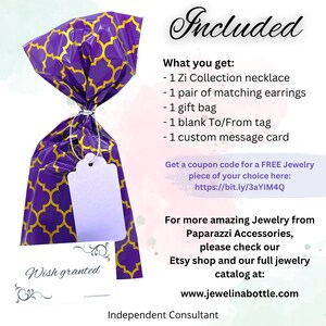 May include: A gift bag wrapped in purple and gold patterned paper, tied with a white string. A blank tag hangs from the string. A card with the words "Wish granted" is visible.