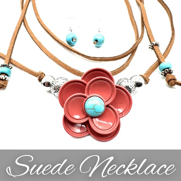 Western Turquoise Necklace Suede Cording with Flower, Turquoise Stone Accents Tie Up Necklace Versatile Jewelry for Everyday Necklace Scarf