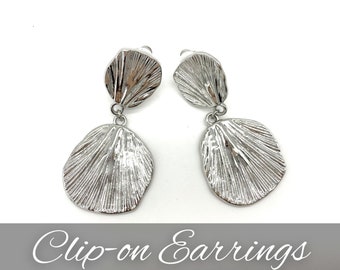 Industrial Non-Pierced Earrings Set Clip On Earrings Dangle in Silver Embossed or Hammered Metal - Comfortable and Lightweight