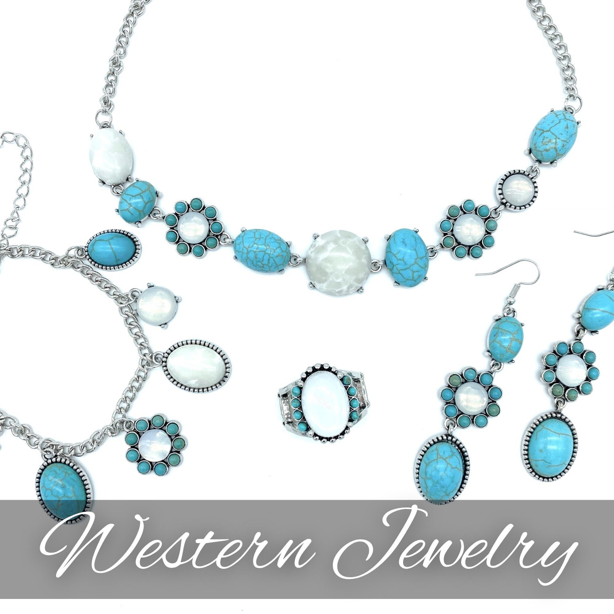 JewelinaBottle Western Jewelry Set Turquoise and Opal Necklace Stone Charm Bracelet Long Dangle Earrings and Statement Stretch Ring