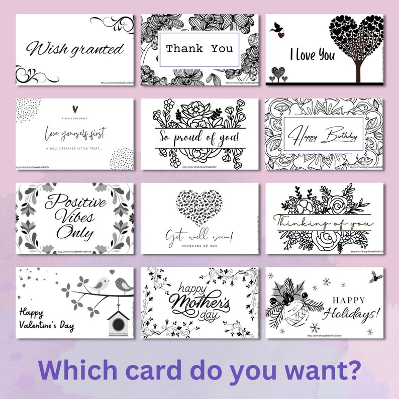 May include: A collection of black and white greeting cards with various messages, including "Wish Granted," "Thank You," and "I Love You." Floral and heart designs accompany the text. The phrase "Which card do you want?" is at the bottom.