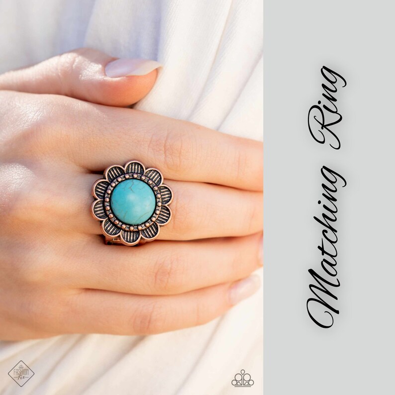 May include: A copper-toned ring with a turquoise stone set in a flower-shaped design. Matching Ring.