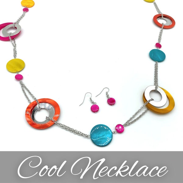 Cool Necklace Retro Jewelry Set Gift Bag for Her Circle Necklace Multi Color Disc Necklace Hot Pink Earrings Affordable Jewelry Message Card