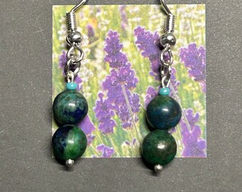 Chrysocolla beaded earrings with sterling silver dangle hooks