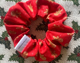 Gingerbread Man Christmas Scrunchie | Festive Red Cotton Hair Tie
