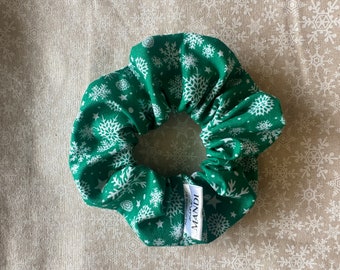 Green Christmas Scrunchie | White Snowflakes Holiday Hair Tie