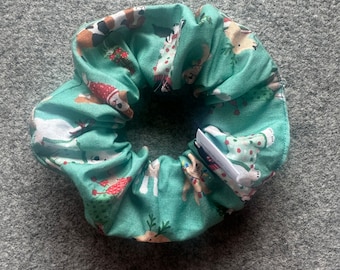 Teal Christmas Puppies Scrunchie | Festive Holiday Hair Accessory