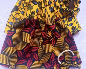 Baby Girl Ankara Skirt Set, Handmade Bow Headband and Scrunchie