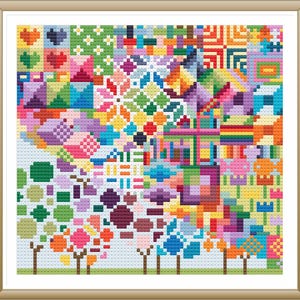 May include: A framed cross-stitch artwork with a colourful patchwork design. The composition includes geometric shapes, floral patterns, and stylized trees in various colours, including red, yellow, green, and blue.
