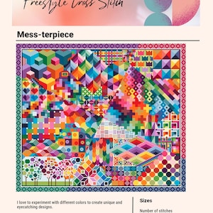 Op de afbeelding: Een kleurrijk kruissteekpatroon getiteld "Mess-terpiece" met geometrische vormen en een verscheidenheid aan kleuren. Het ontwerp bevat de tekst "Freestyle Cross Stitch" en "EVA Broderi". De geborduurde afmeting is 34,9 cm x 30,3 cm.
