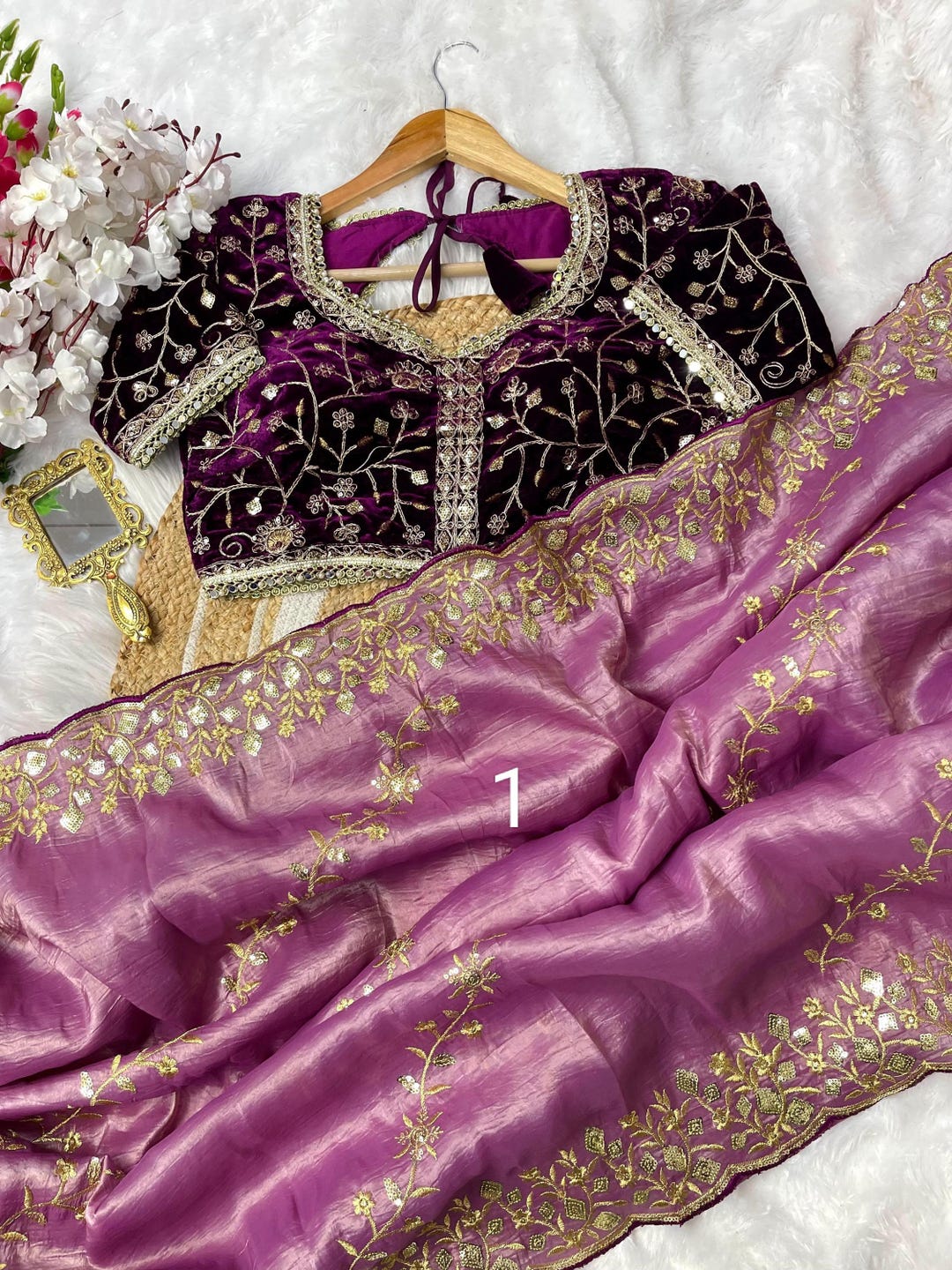 Paper crush saree with embroidery all over in Trendy Saree