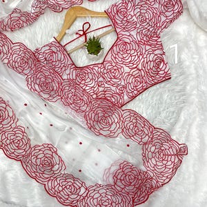 Sari de travail brodé en tissu d&#39;organza blanc avec chemisier prêt à l&#39;emploi pour tenue de fête et mariage, pour femme américaine