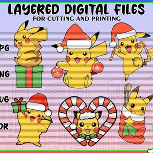 Pika Noël SVG, Pika Santa svg, Pikachu Candy Cane SVG, Poke SVG, svg png jpg dxf eps Cricut Silhouette Cutting Files