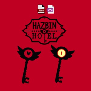 Puede incluir: Dos llaves negras con alas, una con un corazón y la otra con un ojo, sobre un fondo rojo. El texto "Hazbin Hotel" está por encima de las llaves.