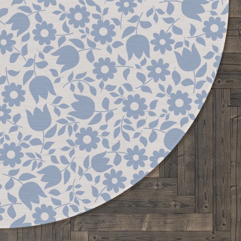 Light Blue and White Floral Round Rug Etsy