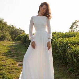 Simple Boho Wedding Dress, Long Sleeves Chiffon Wedding Dress With Open ...
