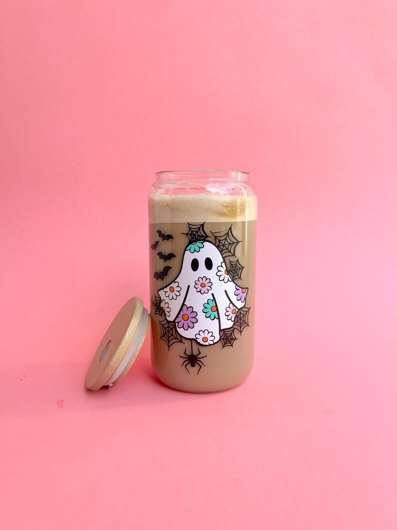 Daisy Ghost Iced Coffee Glass Cup Halloween Coffee Cup Etsy