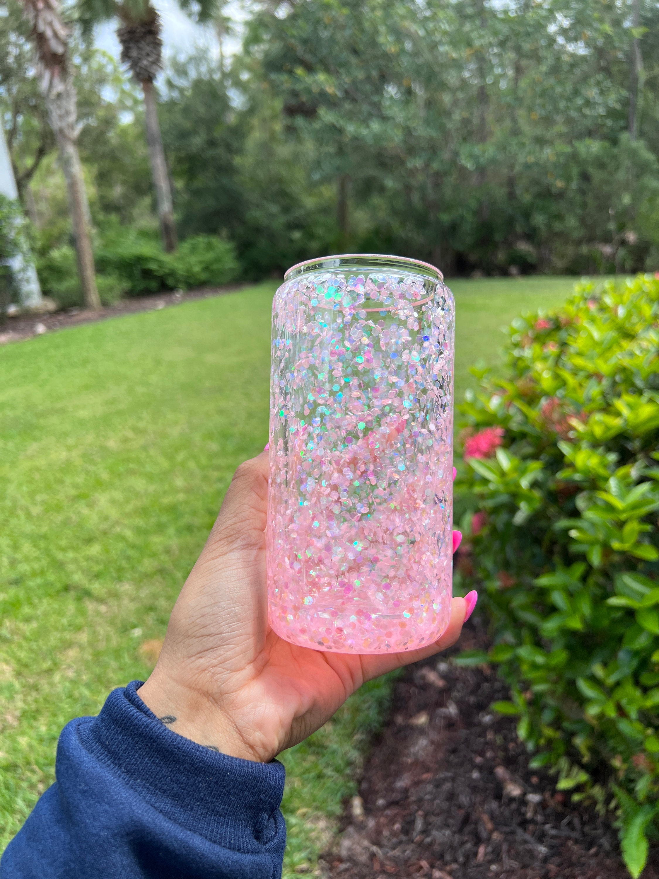 Light Pink Glitter Glass Cup Pink Snowglobe Tumbler Etsy