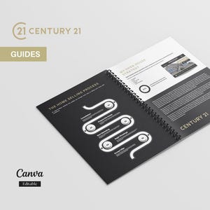 Puede incluir: Guía abierta con espiral, diseño en blanco y negro. La portada presenta el logotipo de Century 21 y la palabra "GUIDES". Las páginas interiores detallan "THE HOME SELLING PROCESS" y "MY OPEN HOUSE STRATEGY". El logotipo de Canva y el texto "Editable" son visibles.