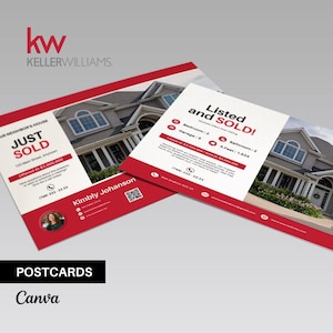 Puede incluir: Dos postales inmobiliarias con un diseño rojo y blanco. Una dice "Recién vendido" y la otra "¡Listado y vendido!". Ambas presentan una foto de una casa y el logotipo de Keller Williams. La palabra "Postales" está en la parte inferior.