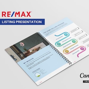 以下が含まれることがあります： 「RE/MAX Listing Presentation」と題された、スパイラル綴じのプレゼンテーション。開いたページには、家の販売プロセス図と「My Mission」というセクションが表示されています。 Canvaのロゴと「Editable」のテキストが右下にあります。配色は主に青と白です。