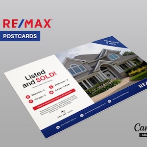 RE/MAX-vykortsmall | Marknadsföringskort för fastigheter | Redigerbar Canvas-mäklarmall | Nyss sålda lantbrukskort