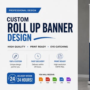 May include: A vertical roll-up banner design featuring a dark blue and white color scheme. The banner displays text including "SELL SMARTER. BUY BETTER." and "$15,500 FLAT FEE" alongside a photograph of a person in a red suit and a QR code.