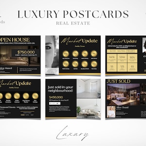 Postais imobiliários de luxo | Preto e ouro do corretor de imóveis cartões postais | Cartão de introdução do corretor de imóveis | Ferramenta de marketing para corretores de imóveis | Marketing para Agentes de Luxo