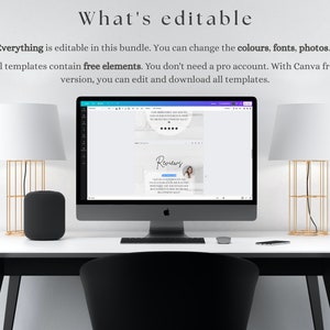 Op de afbeelding: Een computerscherm waarop een Canva-ontwerptemplate wordt weergegeven met de tekst "Reviews" en een foto van een vrouw. De tekst "Everything is editable in this bundle. You can change the colours, fonts, photos. All templates contain free elements. You don't need a pro account. With Canva free version, you can edit and download all templates." is ook zichtbaar op het scherm.