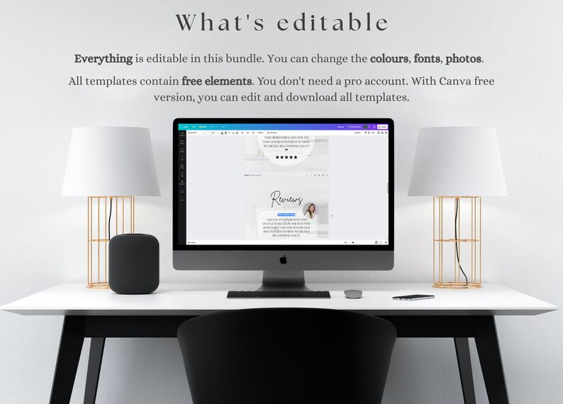Op de afbeelding: Een computerscherm waarop een Canva-ontwerptemplate wordt weergegeven met de tekst "Reviews" en een foto van een vrouw. De tekst "Everything is editable in this bundle. You can change the colours, fonts, photos. All templates contain free elements. You don't need a pro account. With Canva free version, you can edit and download all templates." is ook zichtbaar op het scherm.