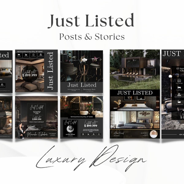 Just Listed Luxury Social Media Posts and Stories | Listing Updates | Just Listed Instagram | Black Real Estate Marketing | Gold Realtor