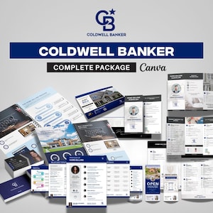 Op de afbeelding: Een verzameling marketingmaterialen voor Coldwell Banker, waaronder brochures, visitekaartjes en flyers. Het ontwerp heeft een blauw-witte kleurstelling met het Coldwell Banker-logo prominent weergegeven. De tekst "COMPLETE PACKAGE" is ook zichtbaar.