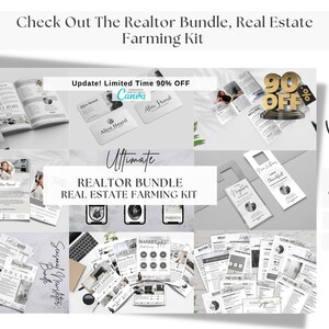 Op de afbeelding: Een collage van afbeeldingen die een vastgoed-farmingkit voor makelaars laten zien. De kit bevat verschillende marketingmaterialen zoals visitekaartjes, flyers, nieuwsbrieven en social media graphics. De tekst "Ultimate Realtor Bundle Real Estate Farming Kit" staat in het midden van de collage. De tekst "90% OFF" wordt weergegeven in een gouden cirkel.