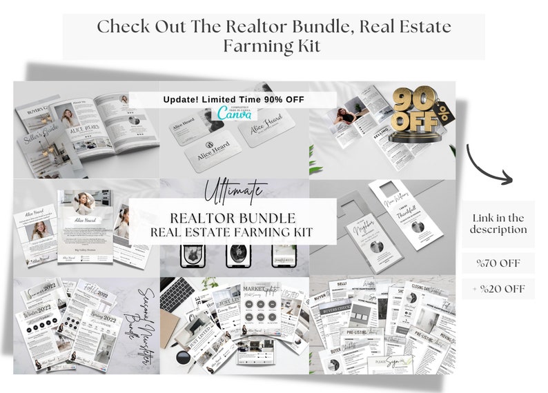 Op de afbeelding: Een collage van afbeeldingen die een vastgoed-farmingkit voor makelaars laten zien. De kit bevat verschillende marketingmaterialen zoals visitekaartjes, flyers, nieuwsbrieven en social media graphics. De tekst "Ultimate Realtor Bundle Real Estate Farming Kit" staat in het midden van de collage. De tekst "90% OFF" wordt weergegeven in een gouden cirkel.
