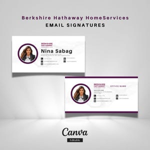 May include: Two email signature templates for Berkshire Hathaway HomeServices. Each template features a headshot within a purple circle, company branding, and contact information. The Canva logo and "Editable" text are at the bottom.