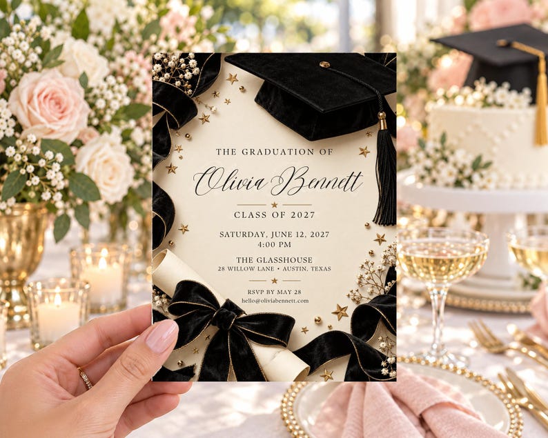 Grad Card Invitations Black Bow Graduation Invitation, Ivory Pearl and Ribbon Frame, Editable ...