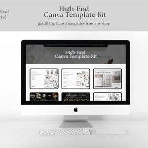 以下が含まれることがあります： 「High-End Canva Template Kit」というテキストと、30種類の異なるテンプレートのコレクションが表示されたコンピューター画面。テンプレートは、ウェルカムブック、ソーシャルメディア投稿など、さまざまな用途に使用できます。