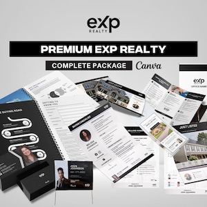 Op de afbeelding: Een verzameling marketingmaterialen voor onroerend goed van EXP Realty. De afbeelding toont visitekaartjes, een bord, brochures en een spiraalgebonden notitieboek. De tekst bevat "Premium EXP Realty", "Complete Package" en "The Home Buying Road Map".