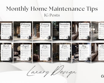 12 Monthly Home Maintenance Tip Social Media Posts | Real Estate Marketing | Instagram Posts | Luxury Realtor | Luxury Real Estate