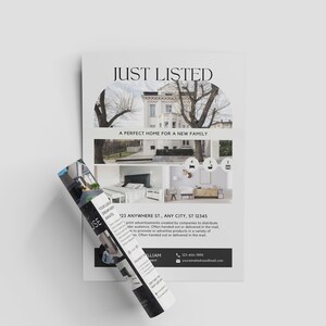 May include: A black and white real estate flyer featuring a photograph of a house with the text "JUST LISTED" and "A PERFECT HOME FOR A NEW FAMILY". The flyer also includes the address "123 ANYWHERE ST., ANY CITY, ST 12345" and a phone number.