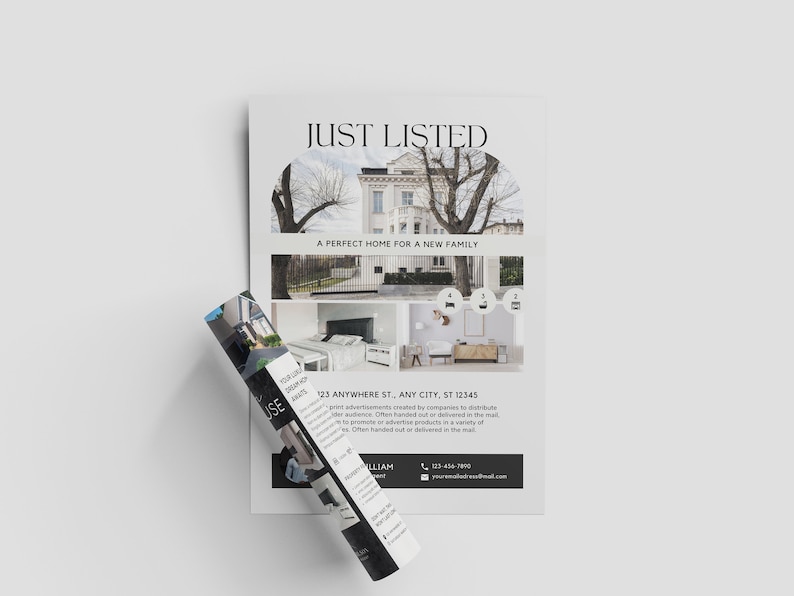 May include: A black and white real estate flyer featuring a photograph of a house with the text "JUST LISTED" and "A PERFECT HOME FOR A NEW FAMILY". The flyer also includes the address "123 ANYWHERE ST., ANY CITY, ST 12345" and a phone number.