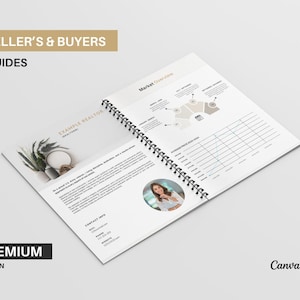 Puede incluir: Una guía en espiral para vendedores y compradores con el título "Ejemplo de análisis del vendedor" y una sección titulada "Descripción general del mercado" con un gráfico y un diagrama. La guía está diseñada con una estética moderna y minimalista y presenta una foto de una mujer.