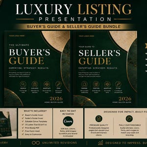 May include: A digital marketing bundle for real estate professionals featuring a Luxury Listing Presentation, Buyer's Guide, and Seller's Guide. The dark green and gold templates include text, icons, and a US letter size of 8.5 x 11 inches.