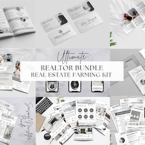 Op de afbeelding: Een verzameling zwart-witte marketingmaterialen voor makelaars. De materialen omvatten brochures, visitekaartjes, flyers en social media graphics. De tekst op de materialen bevat de woorden "Ultimate Realtor Bundle", "Real Estate Farming Kit", "Seasonal Newsletter", "Just Listed", "Pre-Listing", "Buyer Checklist" en "Closing Checklist".